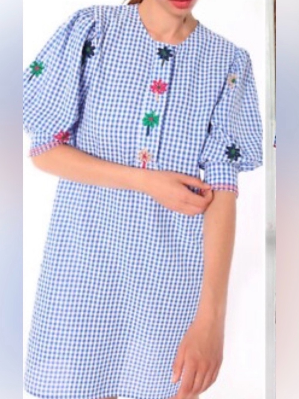 Vilagallo Blue Gingham Mini Dress with Floral Embroidery